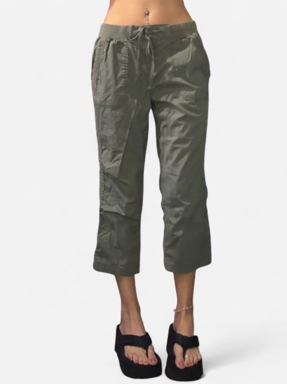 Y2K Olive Green Drawstring Capris - Women